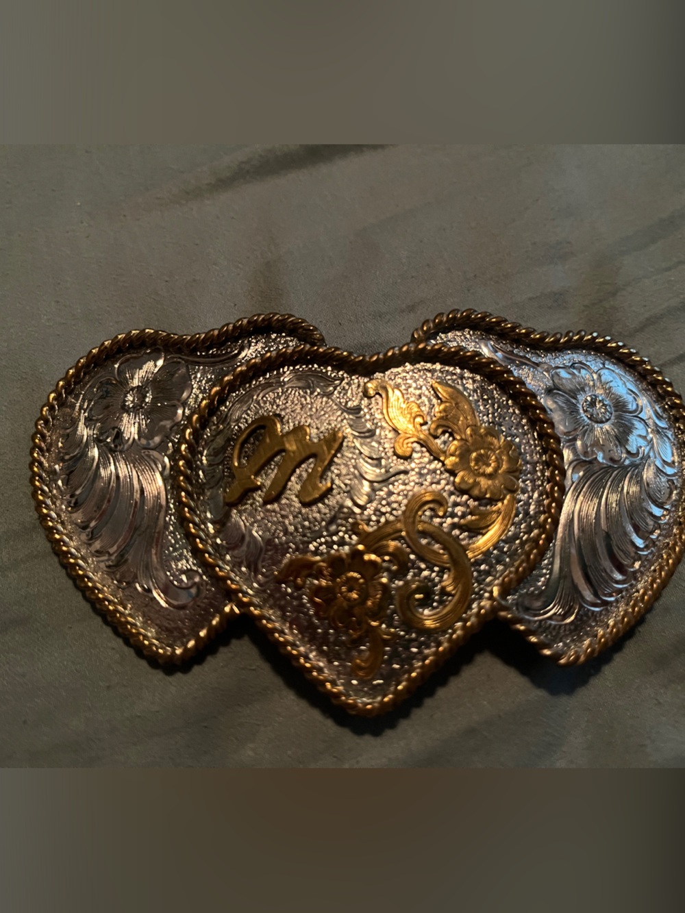 Gold & Silver Letter M Triple-Heart Belt Buckle